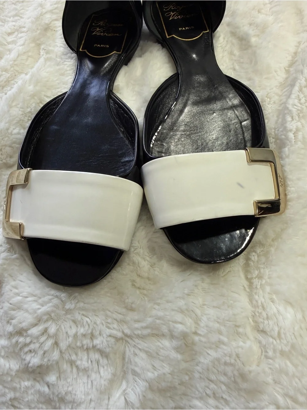 Roger Vivier Patent Leather D’Orsay Flats Black Ivory Gold Buckle 35 US 5
